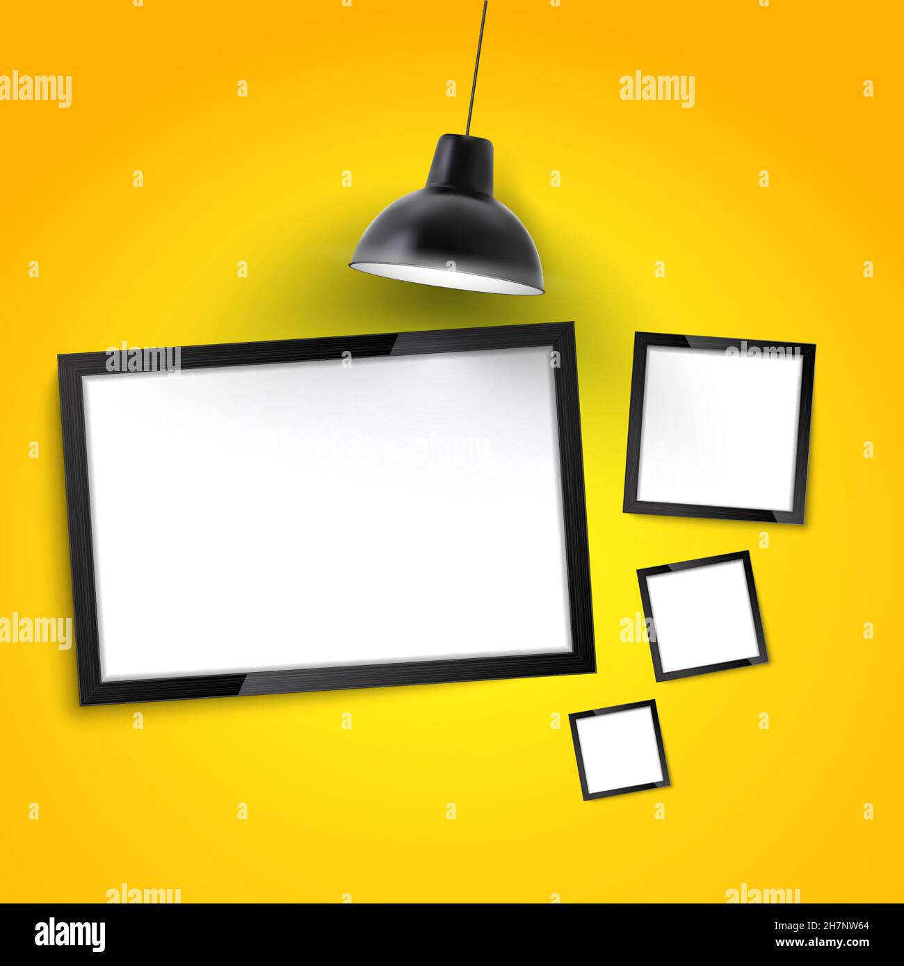 Fotokunst Galerie mockup. Bilderrahmen an der gelben Wand mit Hängelampe. Leerer Fotorahmen oder Postervorlage. Stock Vektor