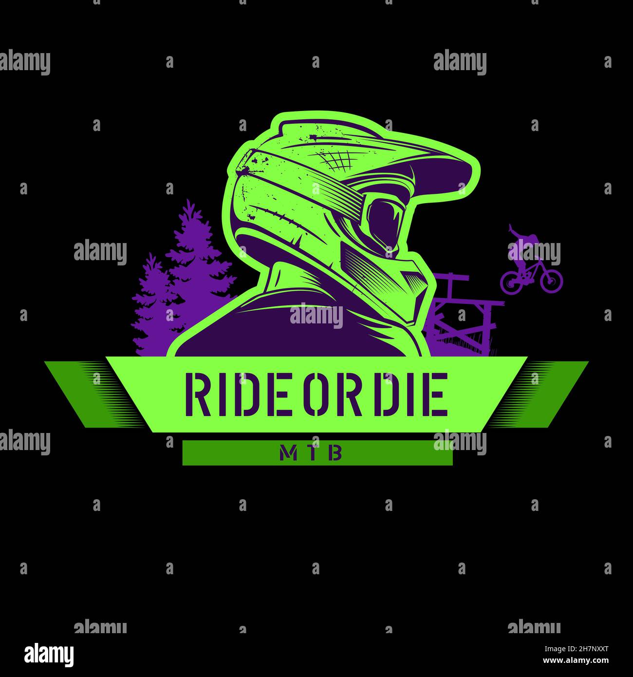 Extremer Sport-T-Shirt-Print in Grün, Logo-Vorlage. Downhillfahren Mountainbike Schild mit Biker. „Ride or die“-Schriftzug. Stock Vektor