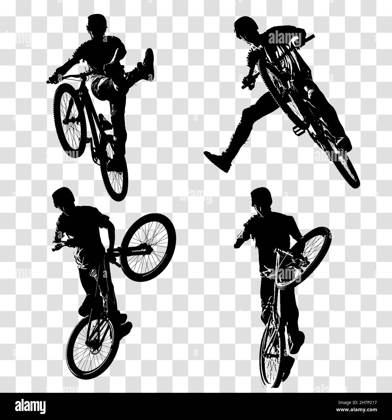 Abbildung zum Springen von Schmutz. Trick Biker Silhouette isoliert auf transparentem Hintergrund. Radfahrer springen und Trick auf dem Fahrrad. Stock Vektor