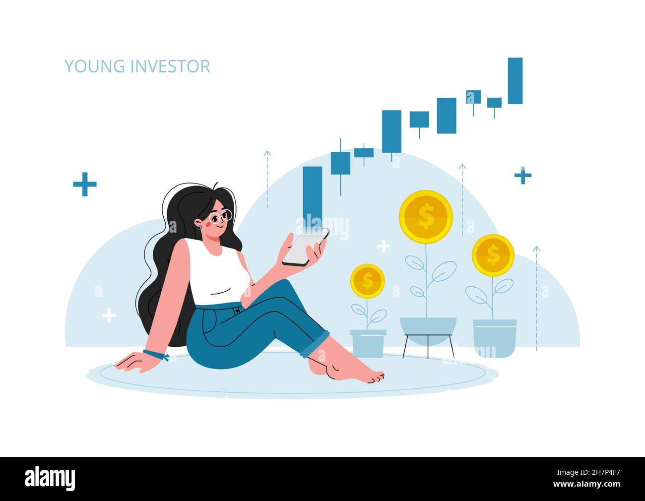 Das Mädchen sitzt zu Hause auf dem Boden und schaut auf ihr Telefon, die Aktienmarktinvestitionen, das Wachstum, das Einkommensgeld, die steigende Rate, Profit, junge Generation.Vector Stock Vektor