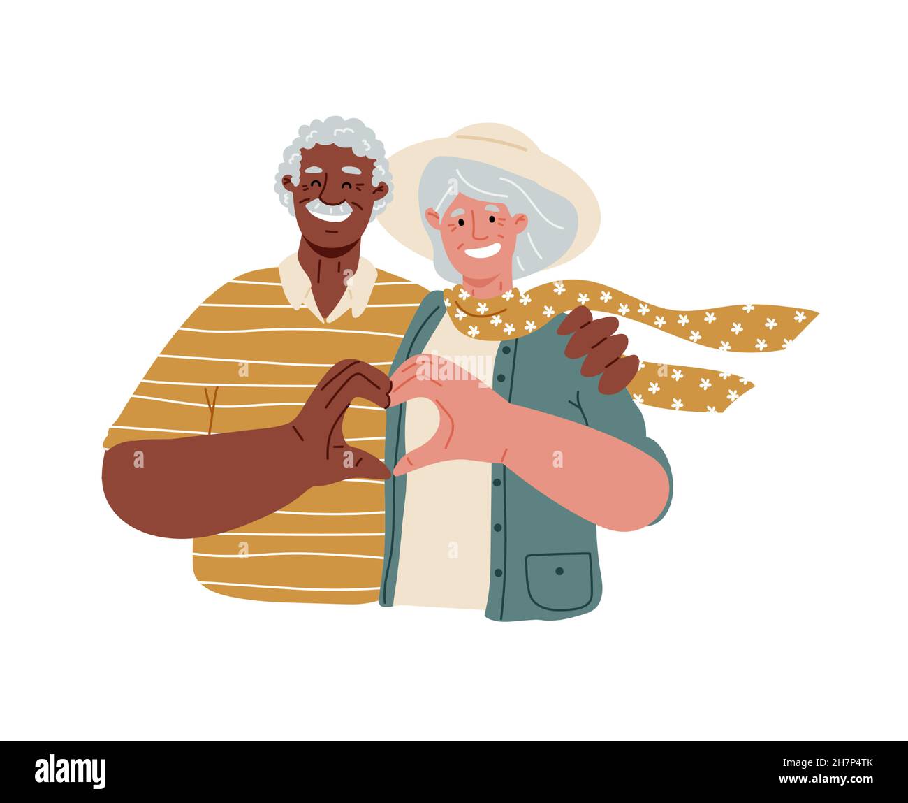 Eldery Menschen stehen auf weißem Hintergrund macht Herz mit ihren Fingern und lächeln, Liebe, romantische relationships.Multiracial paar alte Menschen, h Stock Vektor
