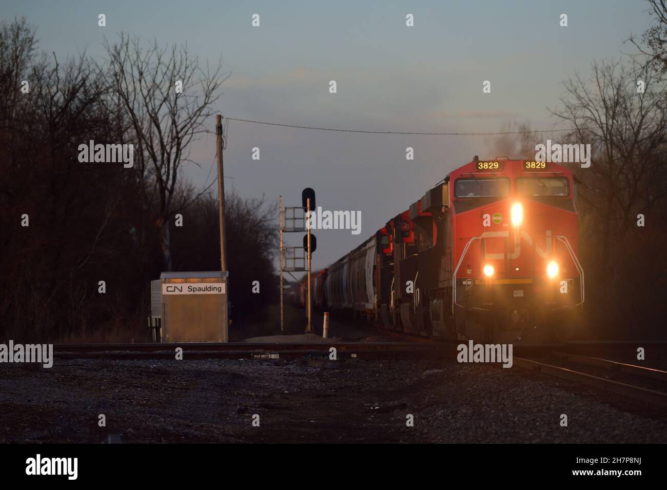 Elgin, Illinois, USA. Eine Canadian National Railway Lokomotiven führen einen Güterzug, während sie die Gleise der Canadian Pacific Railway überqueren. Stockfoto