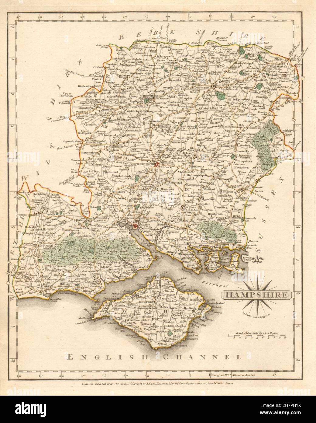 Antike Grafschaft Landkarte von HAMPSHIRE von JOHN CARY. Originalfarbe Umriss, 1787 Stockfoto