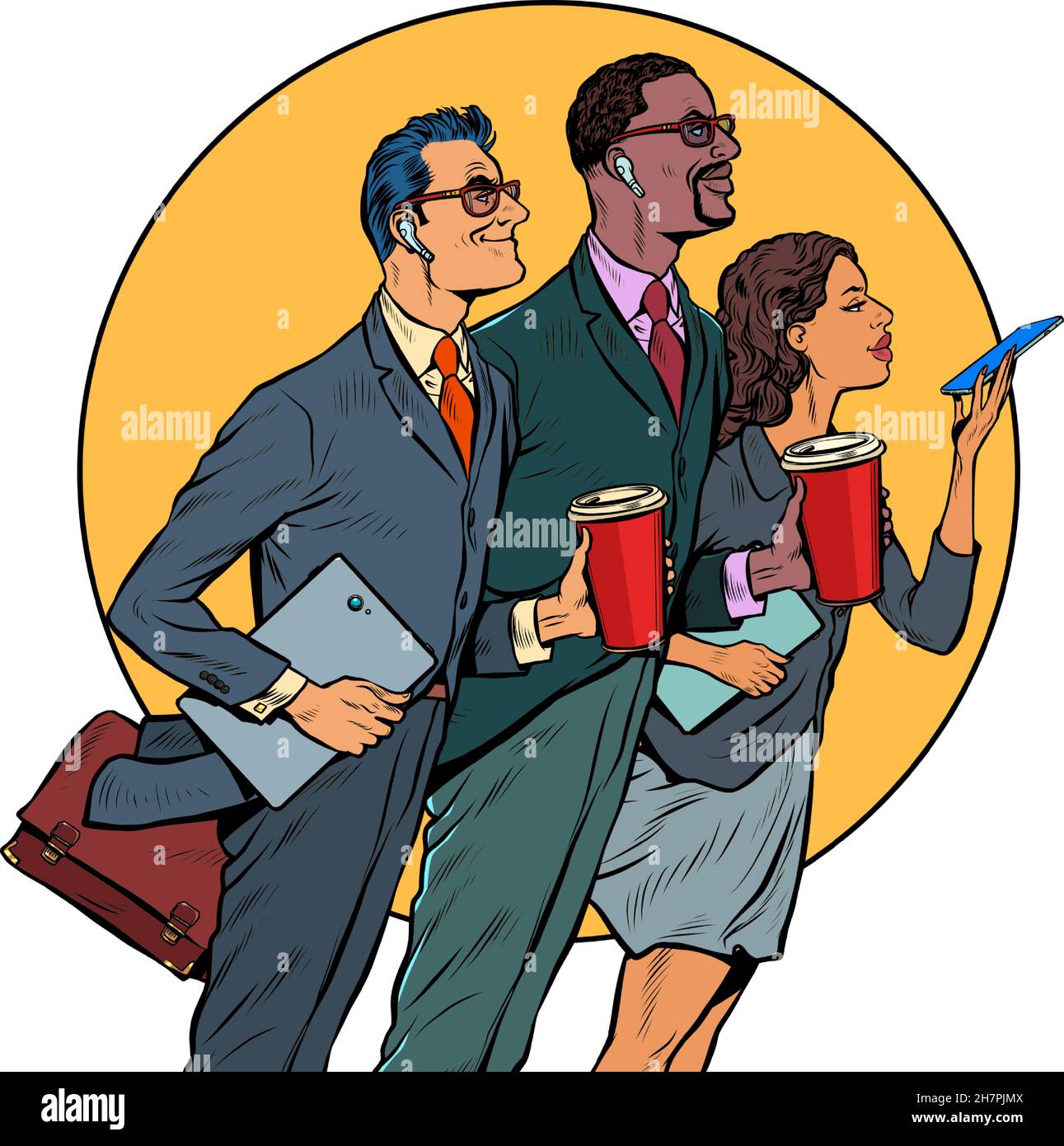 Multiethnische Gruppe von Geschäftsleuten und Geschäftsfrauen mit Morgenkaffee, heroische Pose. Geschäftsteam Stock Vektor