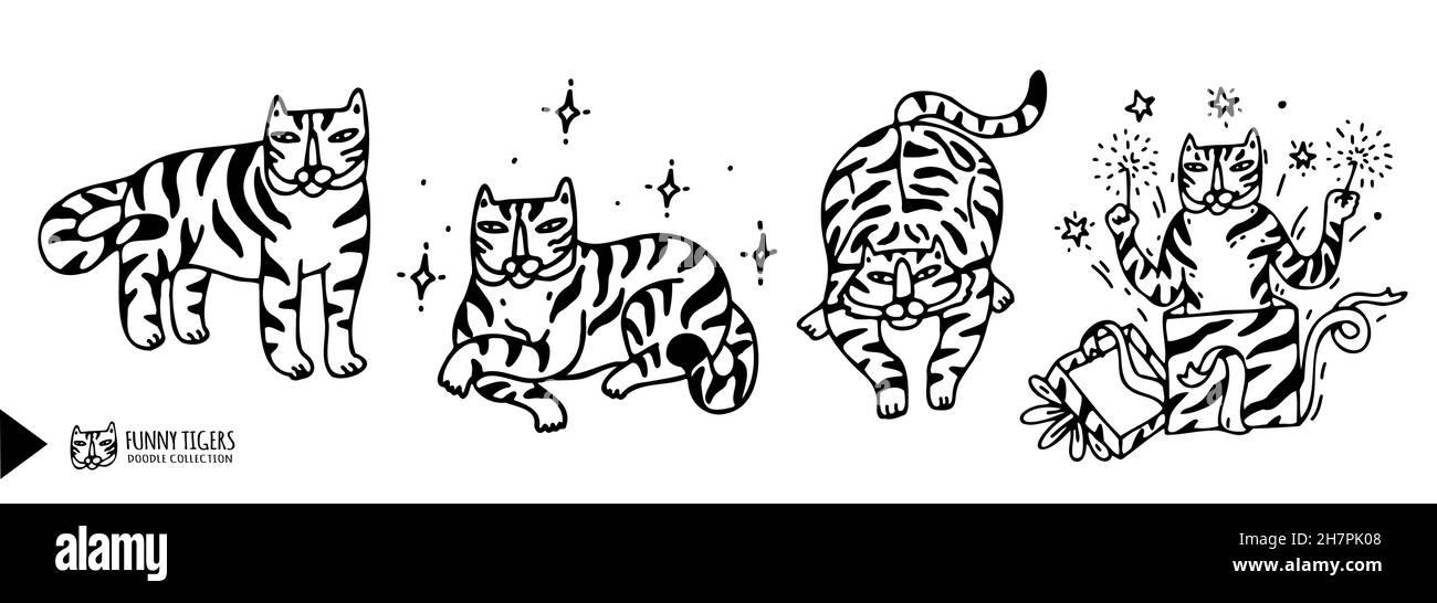 Set von Tigern in niedlichen Doodle skizzieren Cartoon-Stil. Gliederungsvektor Tiger-Zeichen bündeln sich in verschiedenen Posen. Illlustration isoliert auf weiß Stock Vektor