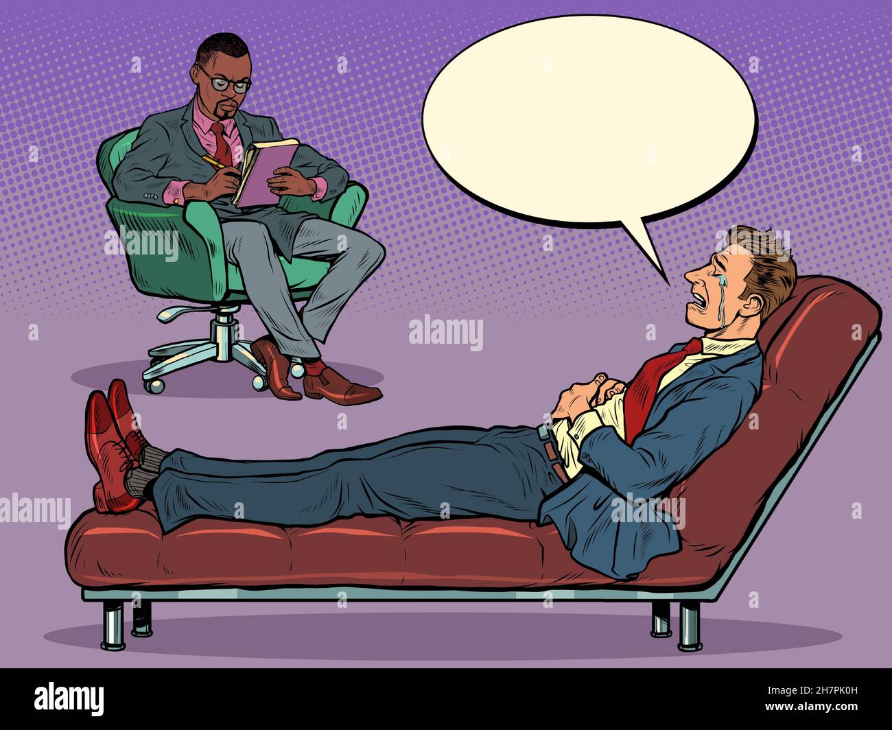 Ein schwarzer männlicher Psychotherapeut ist in einer Psychotherapiesitzung mit einem Patienten, hört einem Geschäftsmann zu, sitzt auf einem Stuhl und macht Notizen in einem Stock Vektor