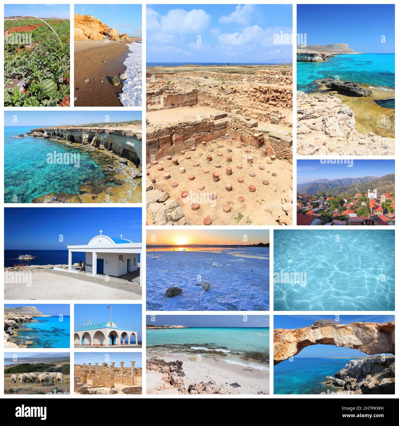 Cyprus Travel Photo Collage - Bildersammlung mit Denkmälern, Kavo Greko, Paphos und Stränden. Stockfoto