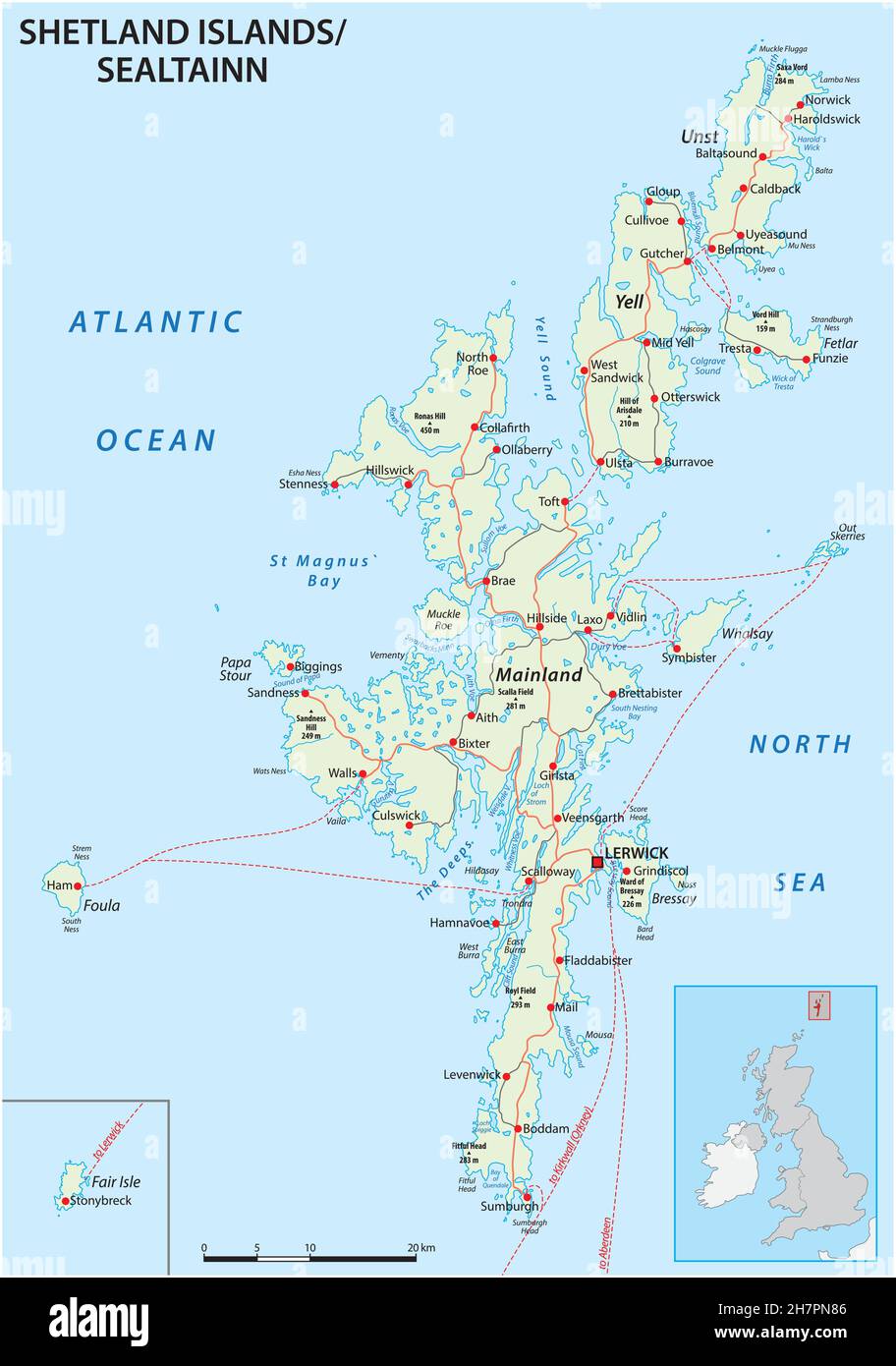 Detaillierte Shetland-Inseln-Straßenkarte mit Beschriftung, Großbritannien Stock Vektor