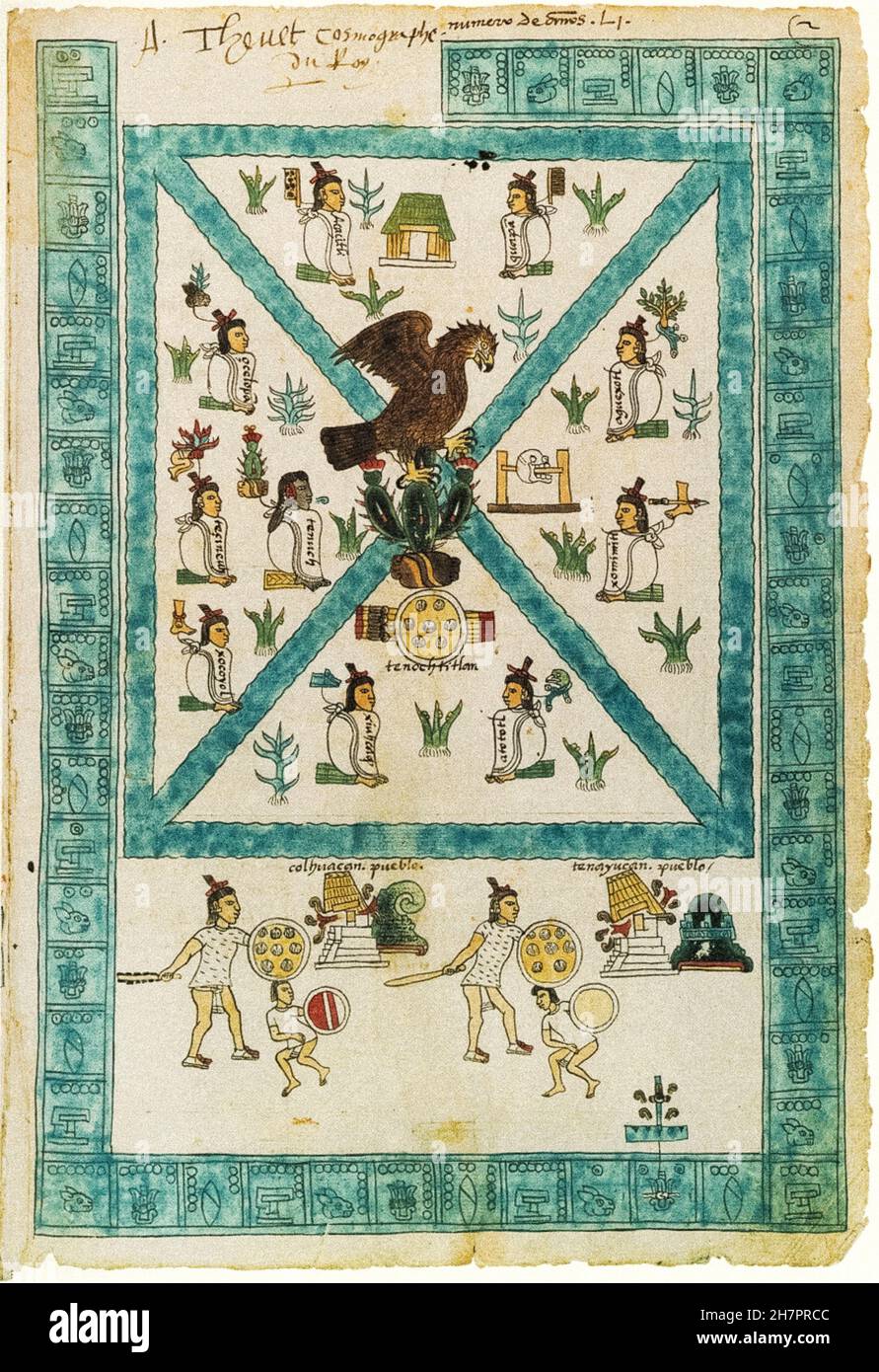 Codex Mendoza 1540 - in der Mitte die Glyphe von Tenochtitlán und um die Glyphen der aztekischen Kaiser Stockfoto