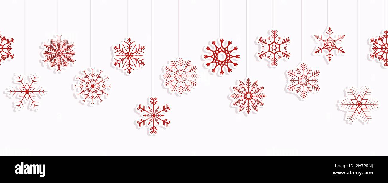 Nahtloser Vektor-Panorama-Banner mit verschiedenen hängenden Schneesternen rot für weihnachten und Winter Konzepte gefärbt Stock Vektor