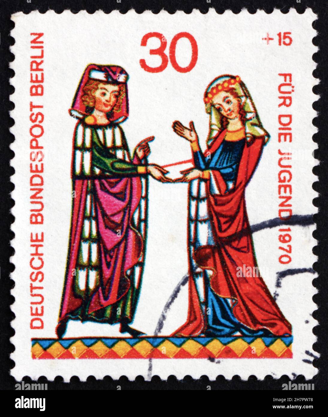 DEUTSCHLAND - UM 1970: Eine in Deutschland gedruckte Briefmarke zeigt Burkhart von Hohenfels, Minnesinger und seine Frau, um 1970 Stockfoto