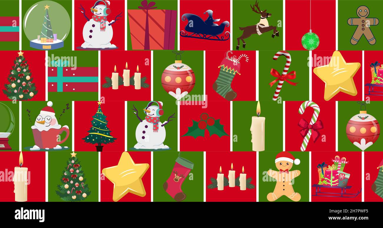 Vollformat Aufnahme von roten und grünen karierten Muster Hintergrund mit weihnachtsdekorationen Stockfoto