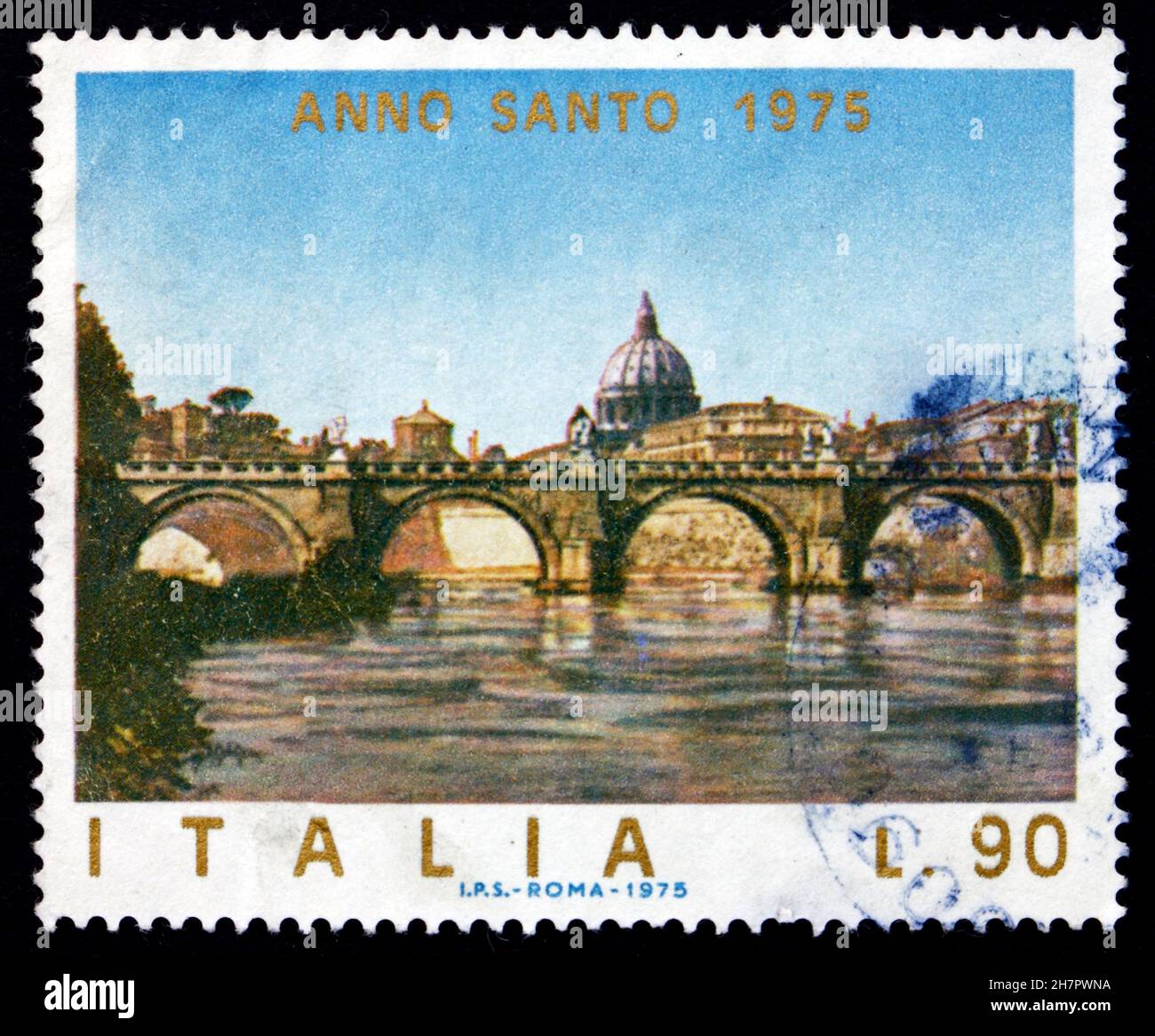 ITALIEN - UM 1975: Eine in Italien gedruckte Briefmarke zeigt die Engelsbrücke, Rom, Vatikan, um 1975 Stockfoto