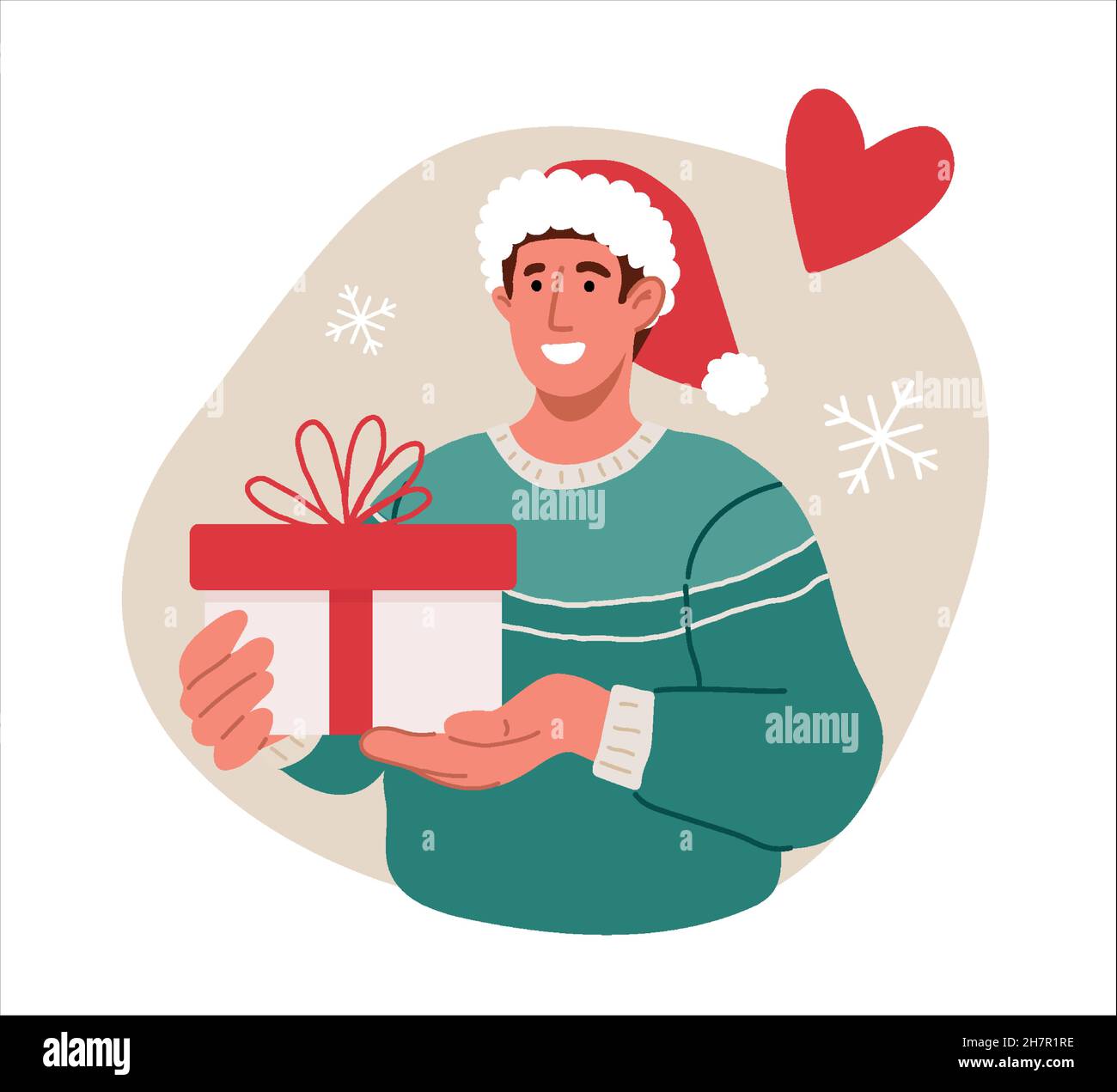 Mann in einem weihnachtsmann Hut lächelnd und halten Weihnachten, neue Jahre Present.Holiday Geschenk einkaufen für Familie, Verwandte und friends.Vector Wohnung illustrat Stock Vektor