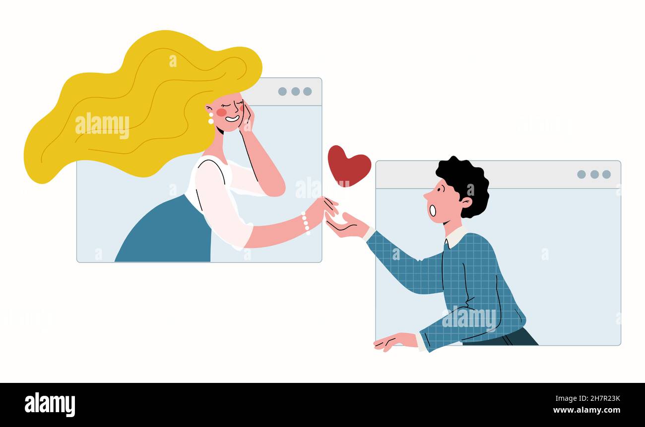 Ein junges Mädchen und ein Kerl fanden wahre Liebe auf einer  Online-Dating-Website. Finden Sie Liebe im Internet. Video-Chat-Räume für  Dating Stock-Vektorgrafik - Alamy