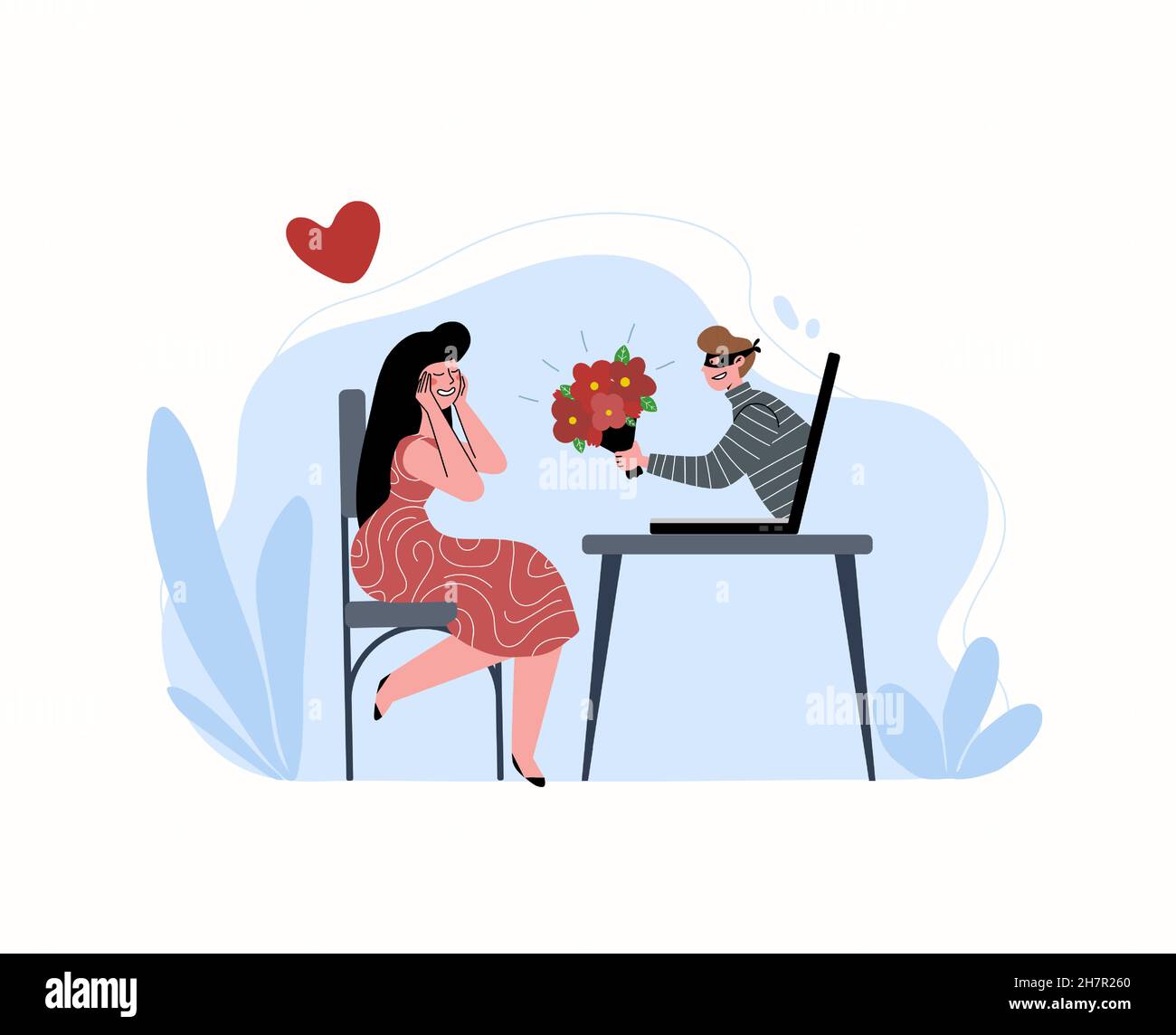 Ein Mädchen trifft einen Mann über eine Online-Dating-Website, während sie zu Hause sitzt. Der Mann ist ein Lügner und ein Dieb, der versucht, sie zu täuschen und sie auszunutzen Stock Vektor