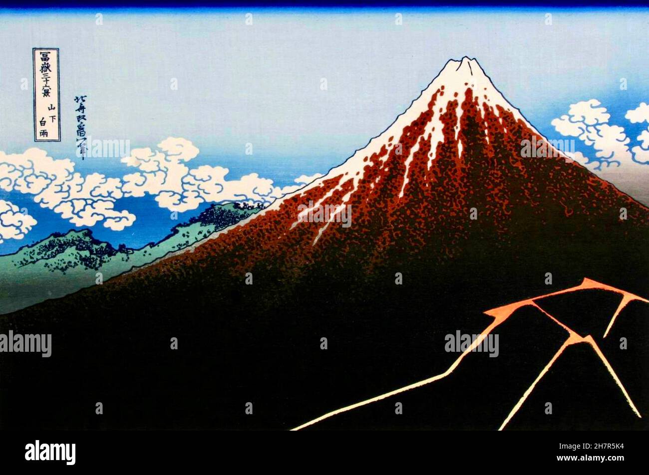 Hokusai - Donnerwolken unter dem Gipfel des Berges. Der majestätische Berg Fuji erhebt sich vor allem - um 1830 Stockfoto