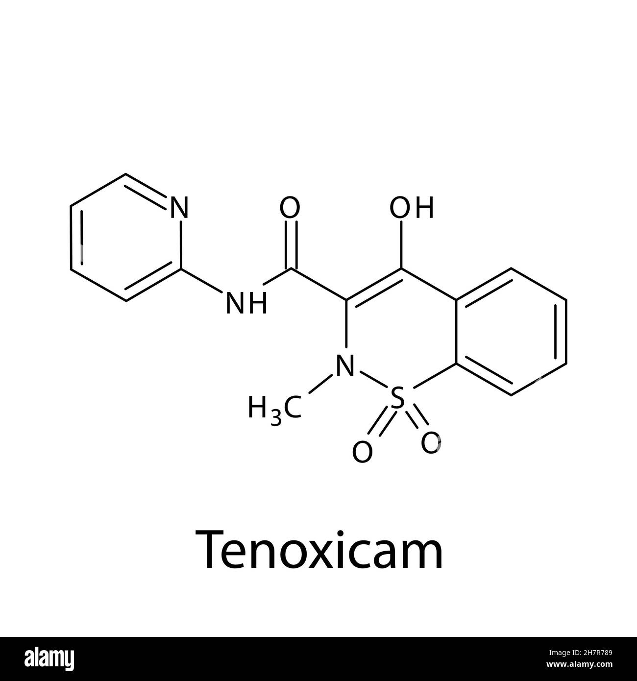 Tenoxicam-Molekülstruktur, flache chemische Skelettformel. NSAID-Medikament zur Behandlung von Schmerzen, Entzündungen, Muskelschmerzen, Gelenkschmerzen. Vektor Stock Vektor