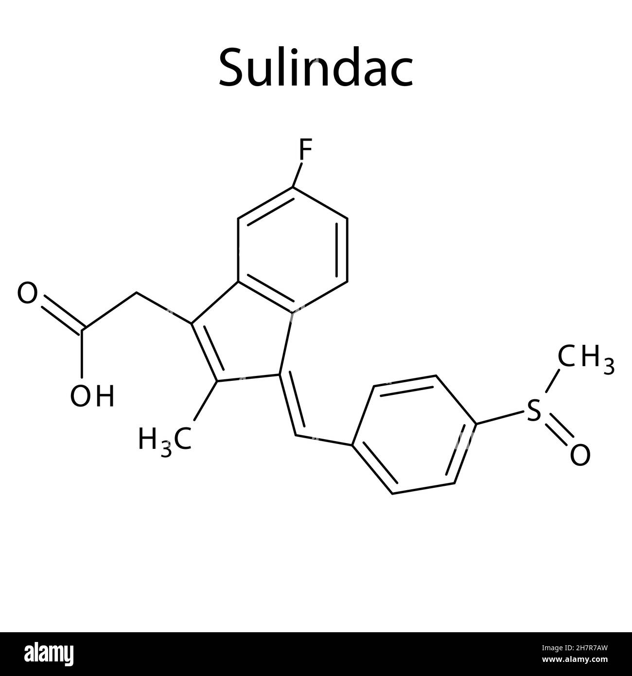 Sulindac-Molekülstruktur, flache chemische Skelettformel. NSAID-Medikament zur Behandlung von rheumatoider Arthritis, Osteoarthritis, akuter Gicht-Arthritis, an Stock Vektor