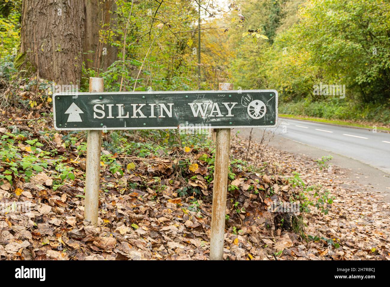 Silkin Way Wegweiser, ein Rad- und Wanderweg, Route entlang trockener Kanalbetten und ehemaliger Bahnlinien in der Nähe von Telford und Ironbridge in Shropshire, Großbritannien Stockfoto