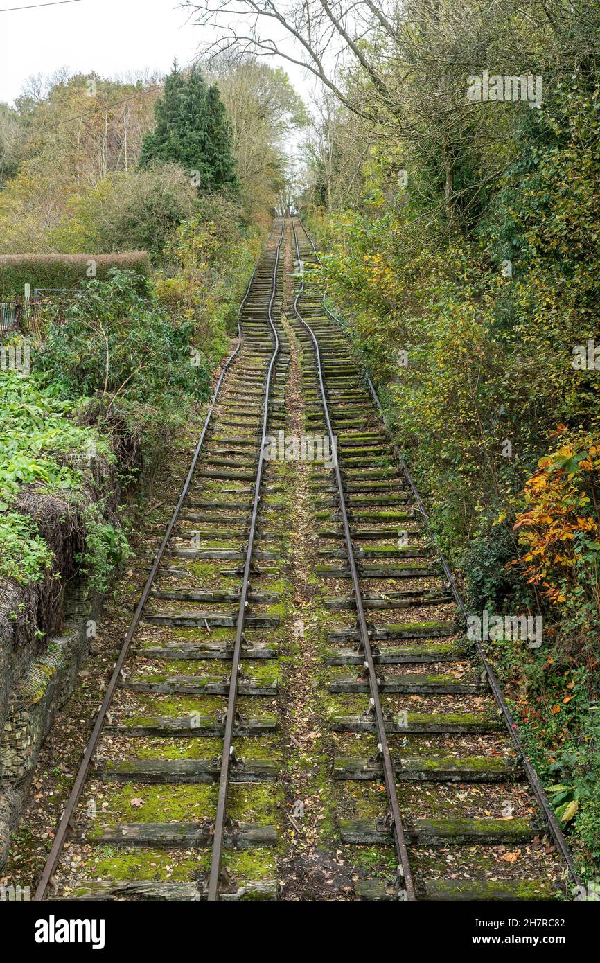 The Great Hay Incline (Hay Schrägflugzeug) in Coalport, Ironbridge Gorge, Shropshire, Großbritannien. Es hob Boote zwischen Kanälen mit Dampf und Schwerkraft. Stockfoto