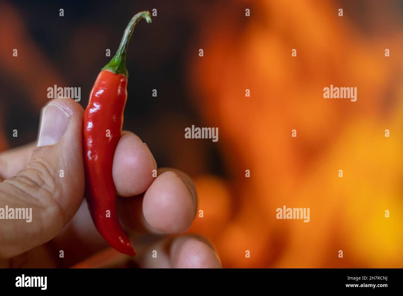 Chili Pfeffer würzig heiß auf Flammen Hintergrund Stockfoto