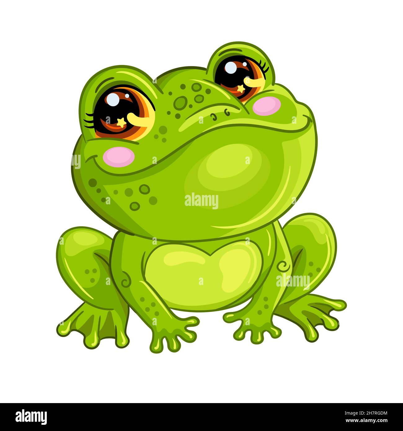 Niedlicher und glücklicher kleiner grüner Frosch. Cartoon Frosch Charakter. Vektorgrafik Cartoon isolierte Illustration. Für Postkarte, Poster, Design, Grußkarte, Aufkleber Stock Vektor