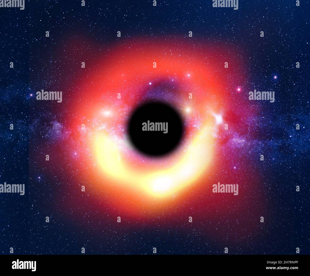 Schwarzes Loch in der Galaxie Messier 87 im tiefen Raum mit Milchstraße und einem Sternenfeld. 3D Illustration Hintergrund mit Kopierplatz. Stockfoto