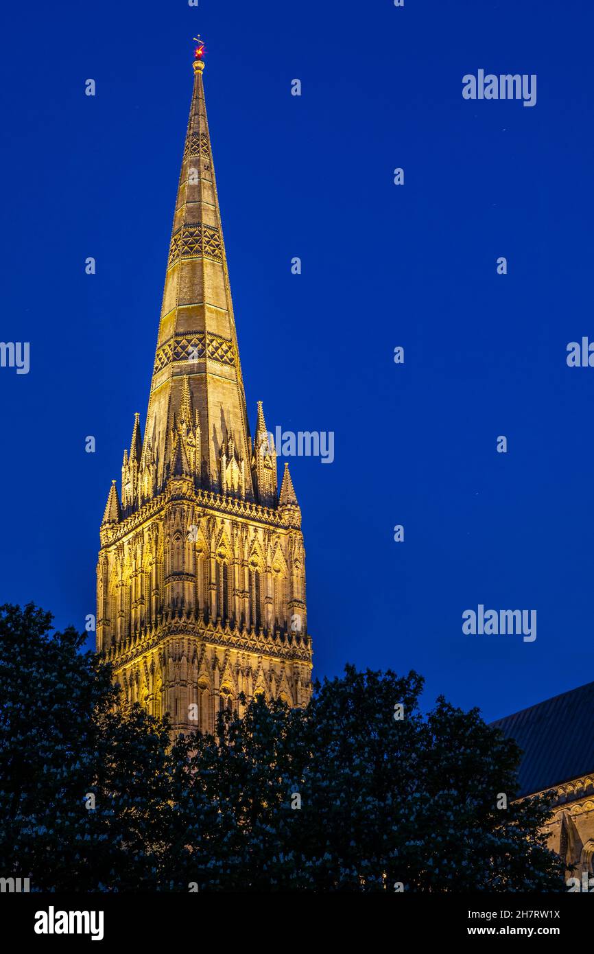 Blick in der Abenddämmerung auf die atemberaubende Kathedrale von Salisbury in der Stadt Salisbury in Wiltshire, Großbritannien. Stockfoto