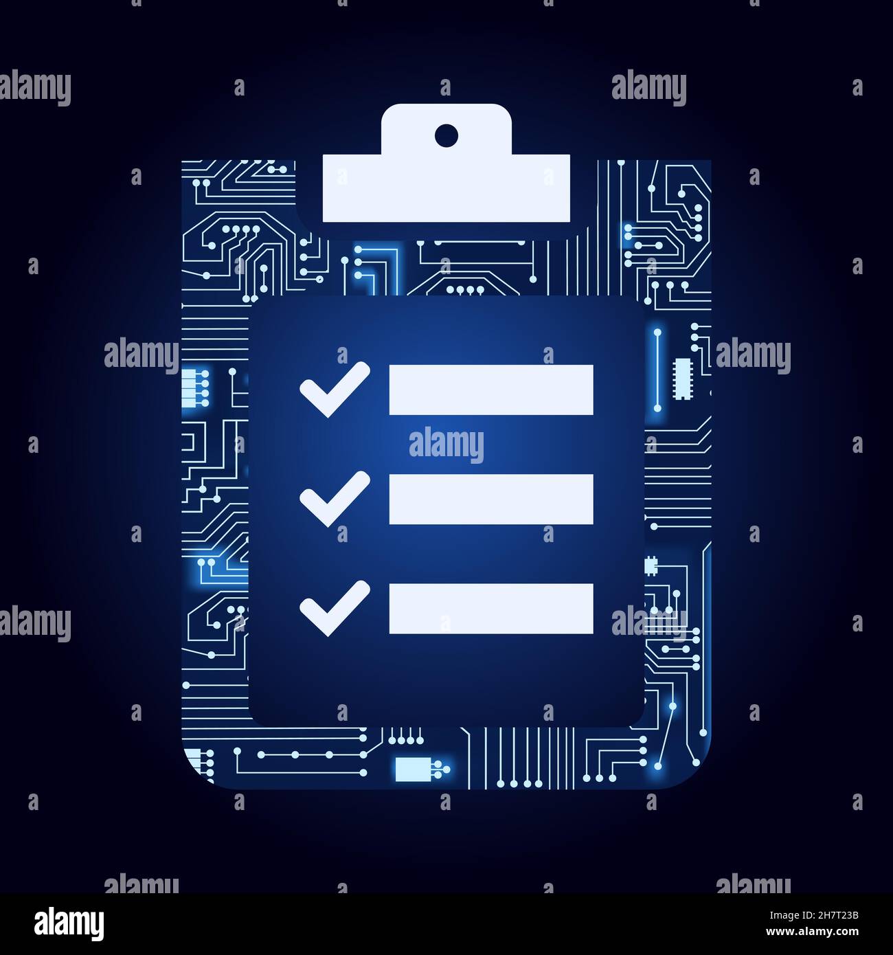 Zwischenablage mit Checkliste, die durch elektronische Schaltung ausgefüllt wird. Blau und Verlaufshintergrund. Stock Vektor