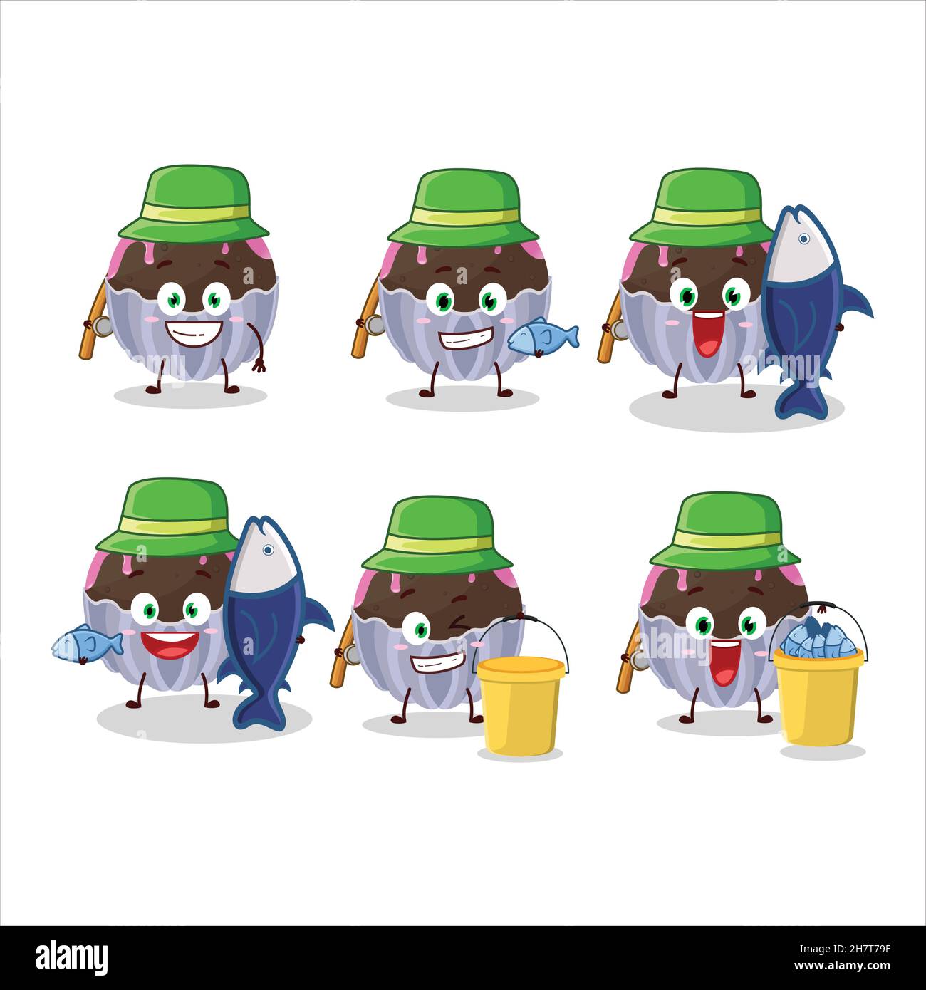 Ein Fischer brigadeiro Schokolade Süßigkeiten Cartoon Bild fangen einen großen Fisch. Vektorgrafik Stock Vektor