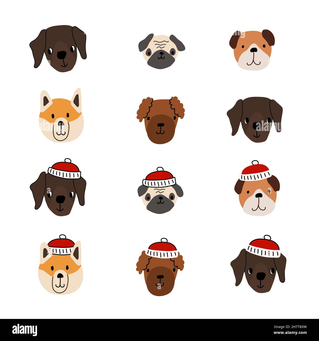 Set von niedlichen Tierköpfen. Hunde Gesichter in Weihnachten Winter Hüte. Labrador Retriever, Pudel-Welpe, Bulldogge, akita inu, Mops. Vektordarstellung isoliert Stock Vektor