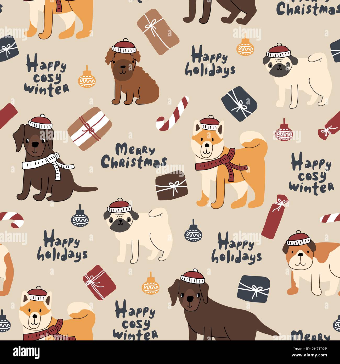 Nahtloses Muster von Hunden im Winter gestrickt rot weißen Hüte und Schals, Schriftzug, Geschenke. Labrador Retriever, Pudel-Welpe, Bulldogge, akita inu, Mops Stock Vektor