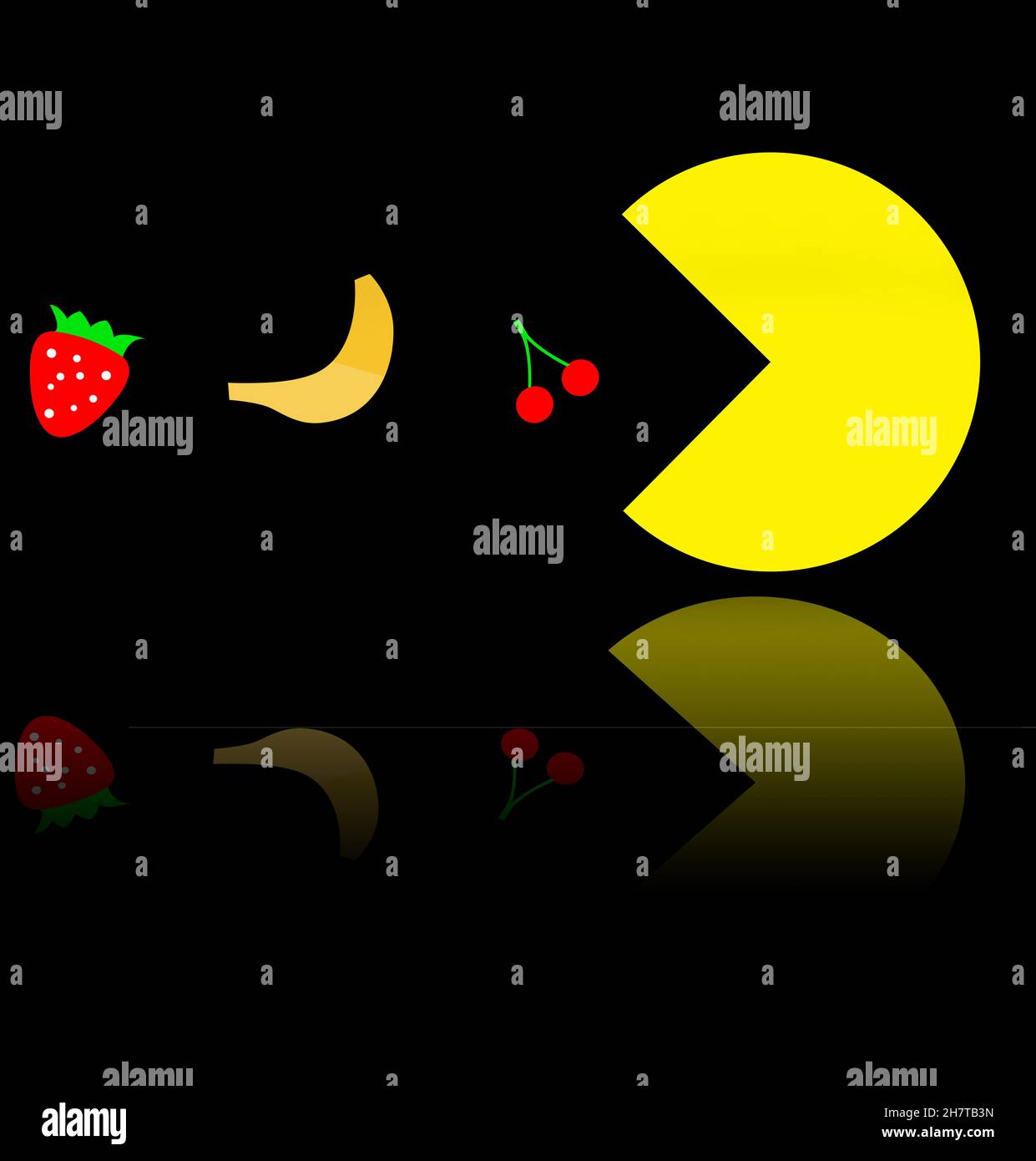 Vegetarische Pac-man essen Obst, berühmte Videospiel Thema Illustration. PAC-Mann reflektiert im Spiegel Stockfoto