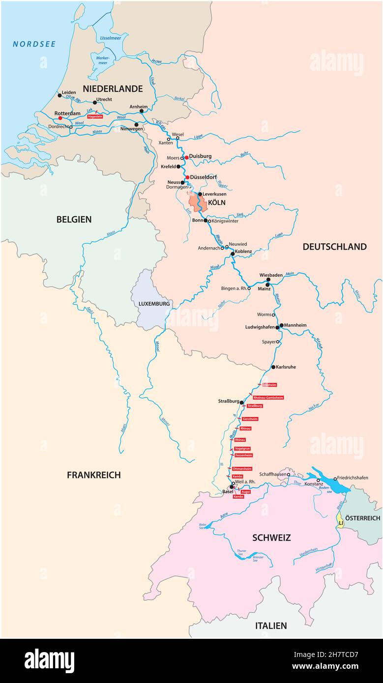 Flusssystemkarte Rhein mit den wichtigsten Städten und Nebenflüssen in deutscher Sprache Stock Vektor