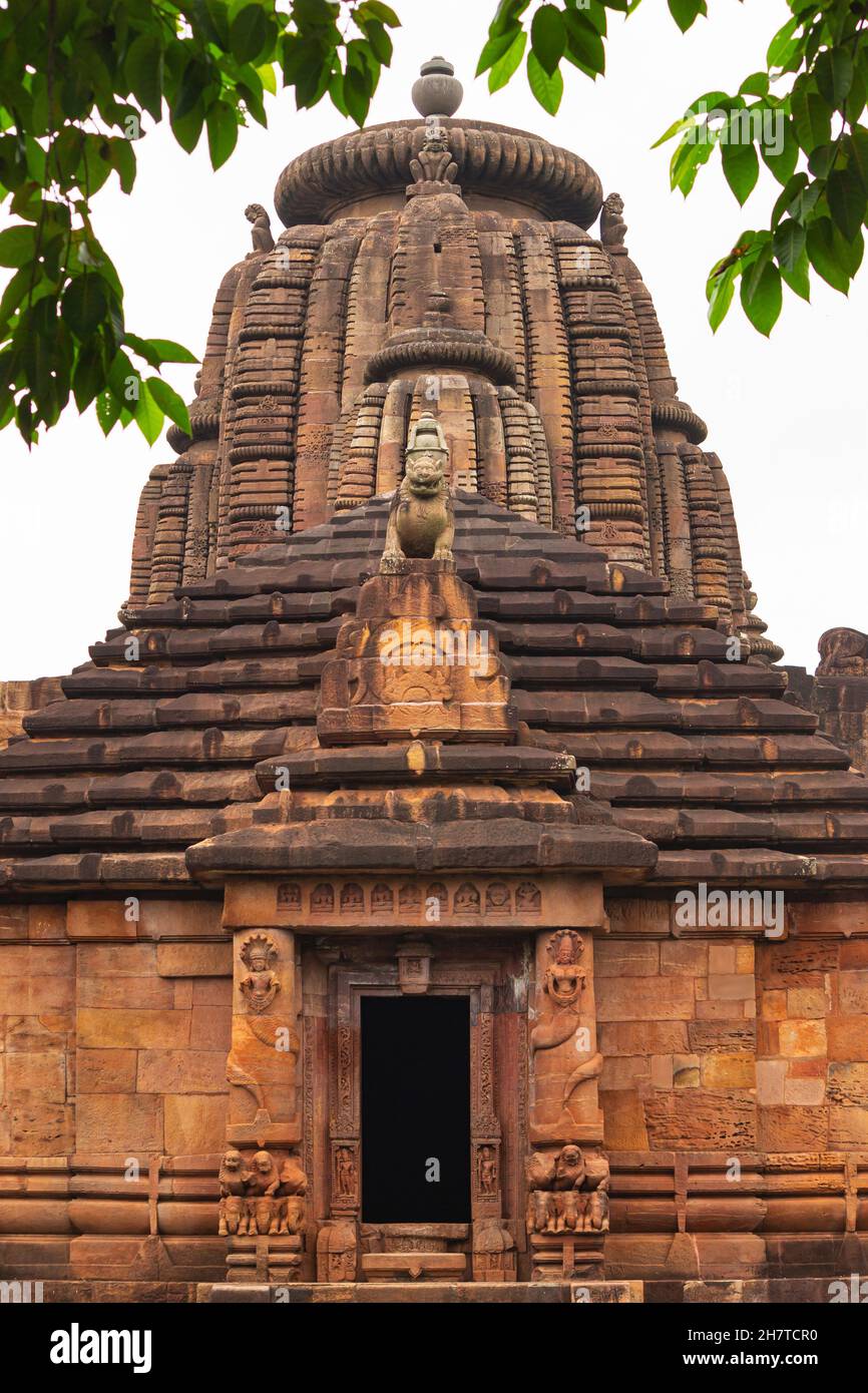 Jagamohana oder Zufluchtsort Tür mit Nagas halten Girlanden und unter Löwen auf Elefanten. Rajarani Tempel. Bhubaneshwar, Odisha, Indien Stockfoto