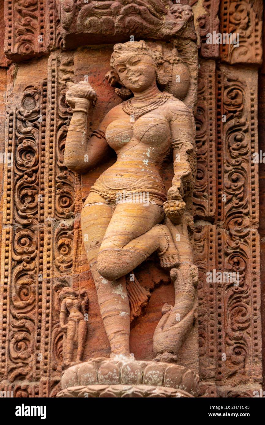 Skulpturen von Jungfrauen, die Bäume/Laub an den Wänden des Rajarani-Tempels umklammerten. 11. Jahrhundert. Bhubaneshwar, Odisha, Indien Stockfoto