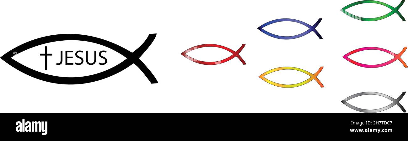 Ichthys Christian Zeichen Vektor Illustration Set. Konzeptuelle Illustration - Christen 'swim' nach Jesus. Stock Vektor