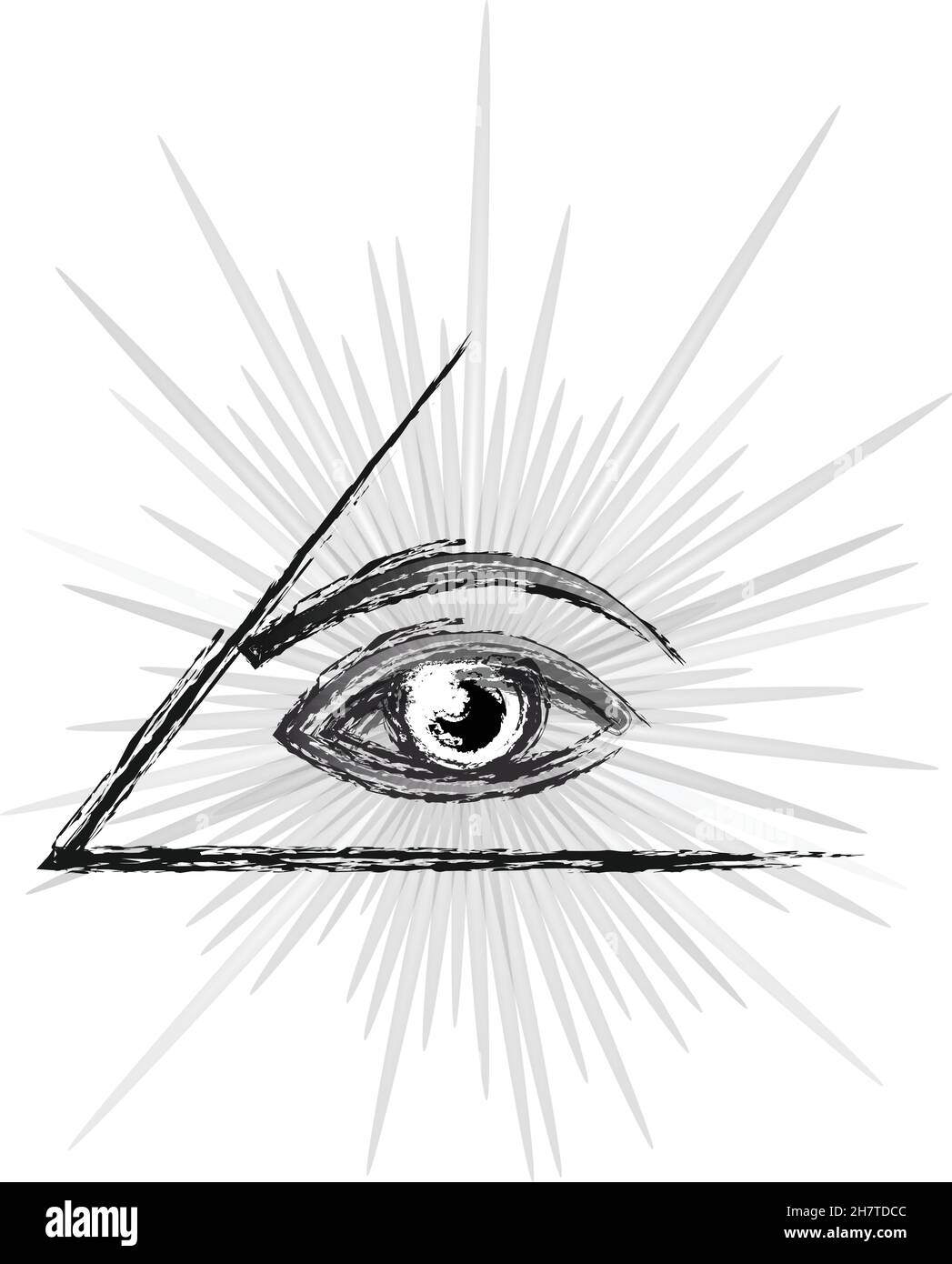 Freimaurer-Symbol - Alle sehenden Auge der Vorsehung in einer Pyramide, Skizze schwarz-weiß Silhouette Vektor-Illustration isoliert auf weißem Hintergrund Stock Vektor