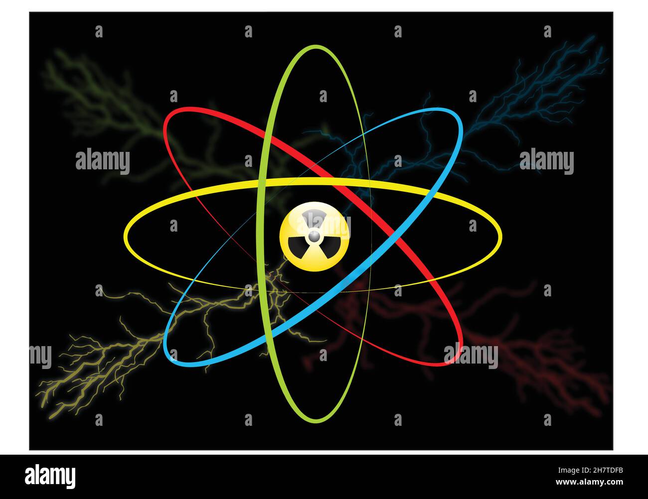 Atom-Symbol. Vektoratom-Symbol mit einem Strahlungszeichen, Blitz und Energieschub isoliert auf schwarzem Hintergrund. Hochspannungskonzept Stock Vektor