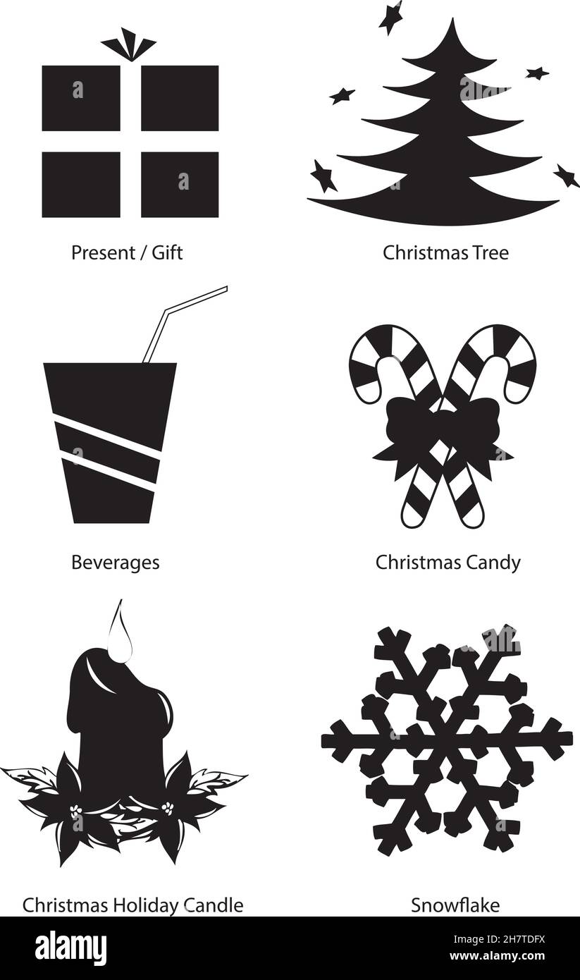 Weihnachten Urlaub Vektor Clipart Set, schwarz-weiße Silhouetten, isoliert auf weißem Hintergrund Stock Vektor