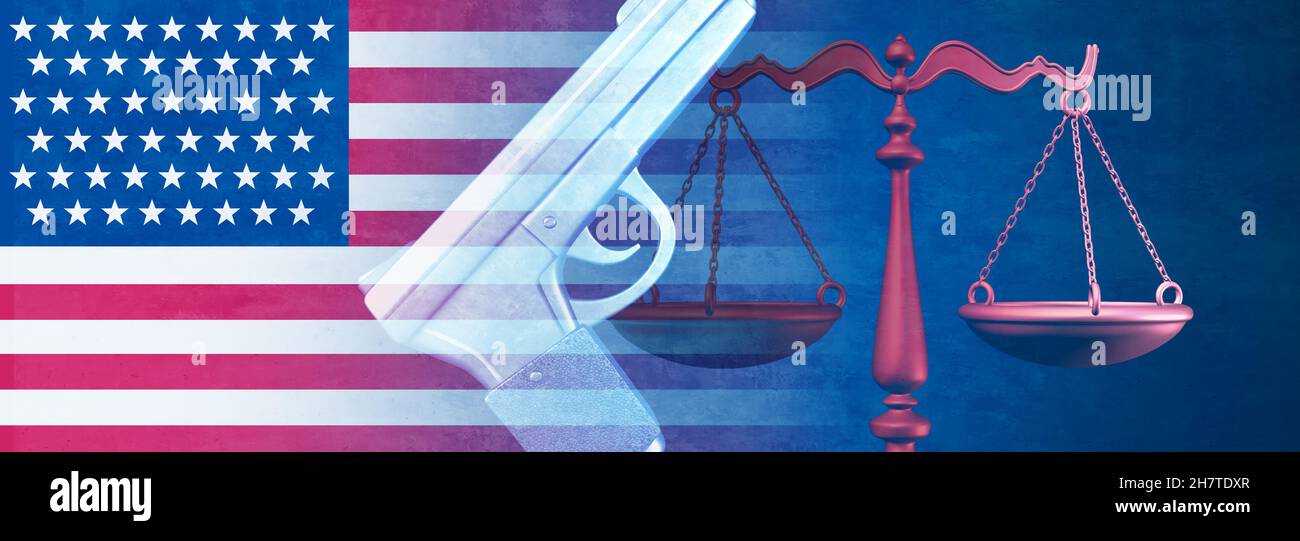 US-Waffengesetze und US-Waffengesetzgebung Konzept als Handfeuerwaffe mit einer Justizskala als amerikanische Rechtsrechtsidee als Illustration aus dem Jahr 3D. Stockfoto