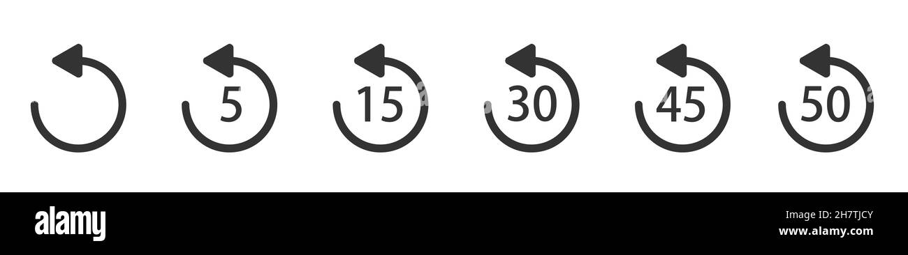 WebRepeat 5, 15, 30, 45 Sekunden Einfache Symbole auf weiß. Wiedergabesymbole. Wiedergabesymbol für Anwendung und Web- oder Media-Player. Stockfoto