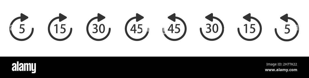 WebRepeat 5, 15, 30, 45 Sekunden einfaches Symbol. Wiedergabesymbole. Wiedergabesymbol für Anwendung und Web- oder Media-Player. Stockfoto