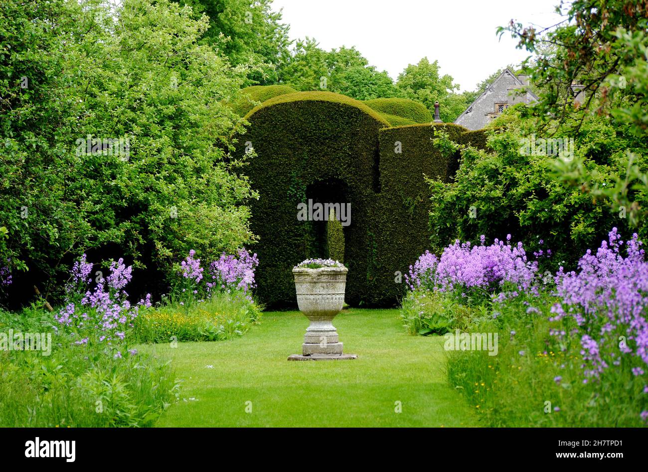 Urn mit Archway in Beech Hedge in Levens Hall & Gardens, Kendal, Lake District National Park, Cumbria, England, Großbritannien Stockfoto