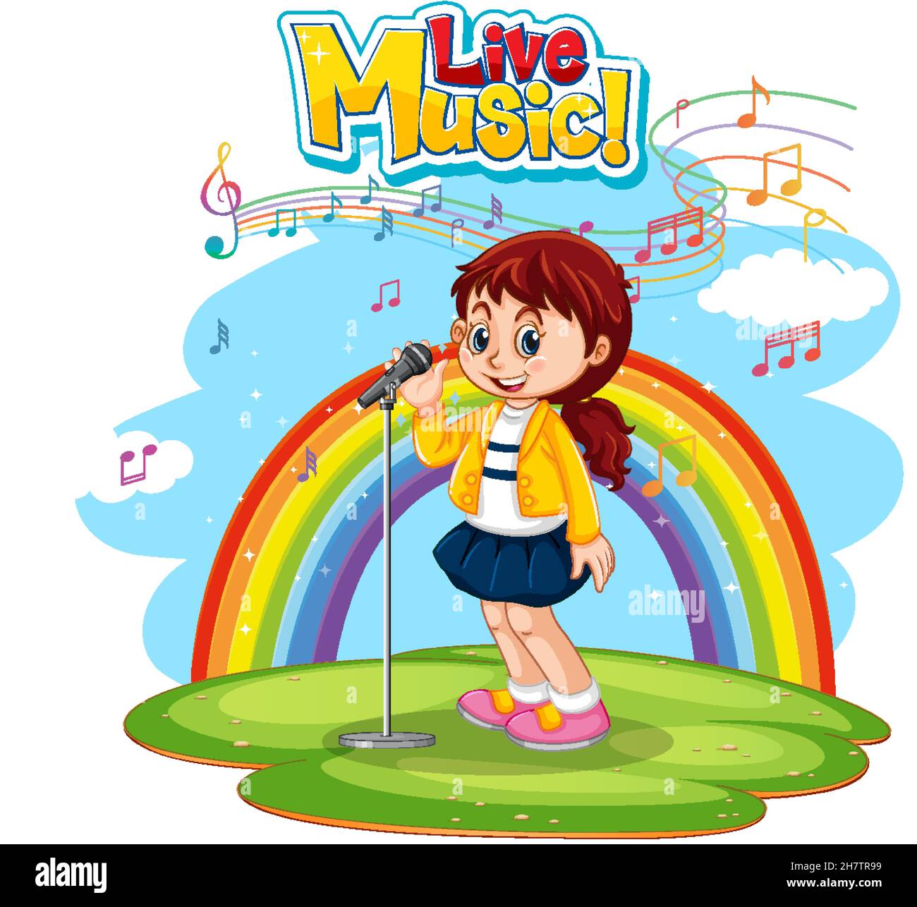 Live-Musik-Logo mit einem Mädchen singen auf Regenbogen Hintergrund Illustration Stock Vektor