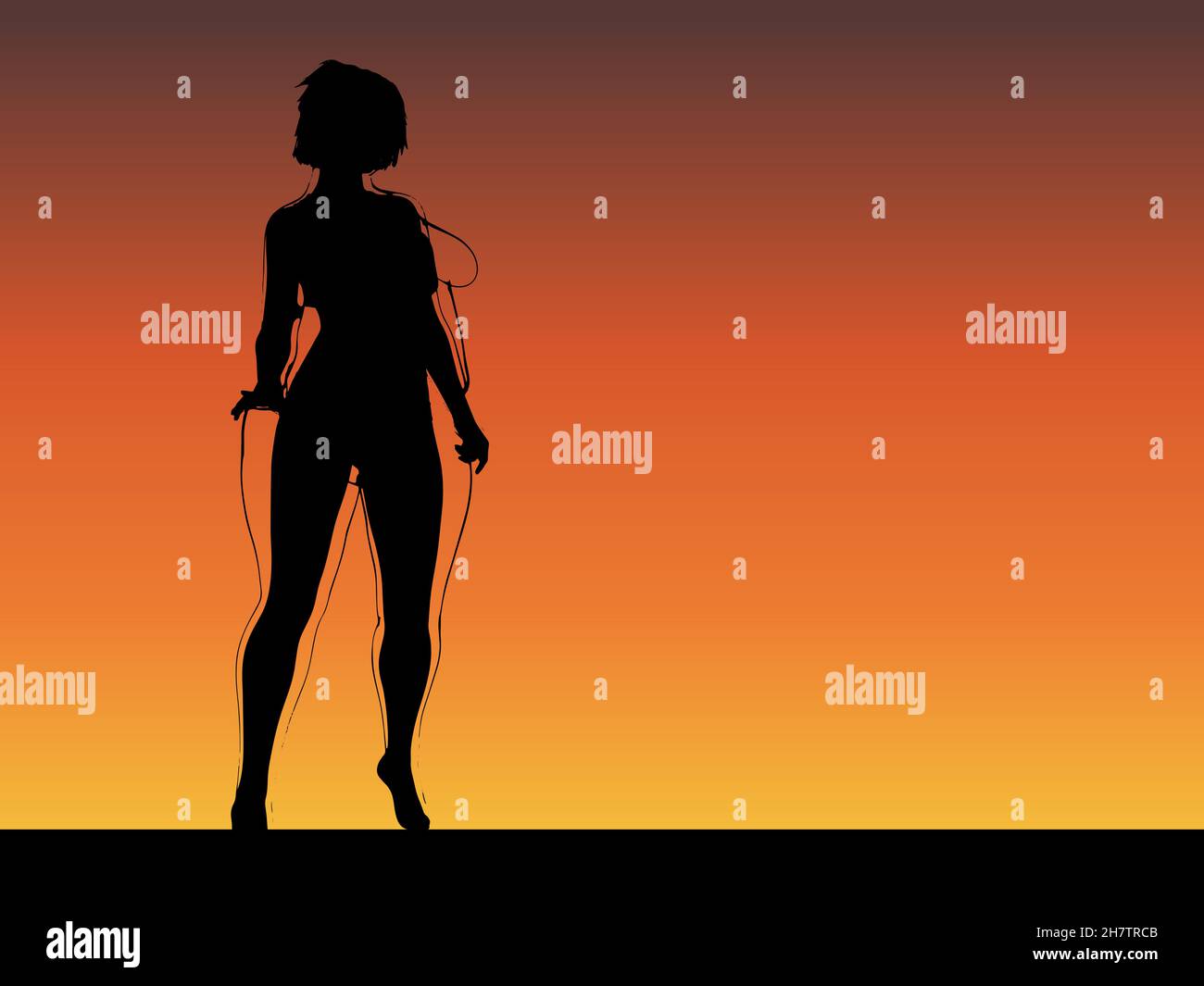 Conceptual Fat Übergewicht fettleibig weiblich vs schlank fit gesunden Körper nach der Gewichtsabnahme oder Ernährung mit Muskeln dünn junge Frau über Sonnenuntergang. Stockfoto