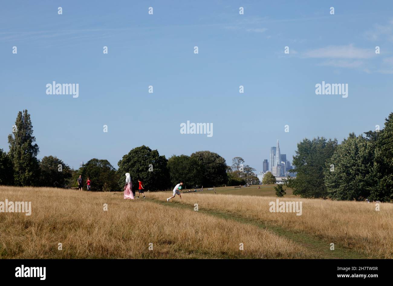 Blick über den Brockwell Park auf den Shard und die City of London, London, Großbritannien Stockfoto