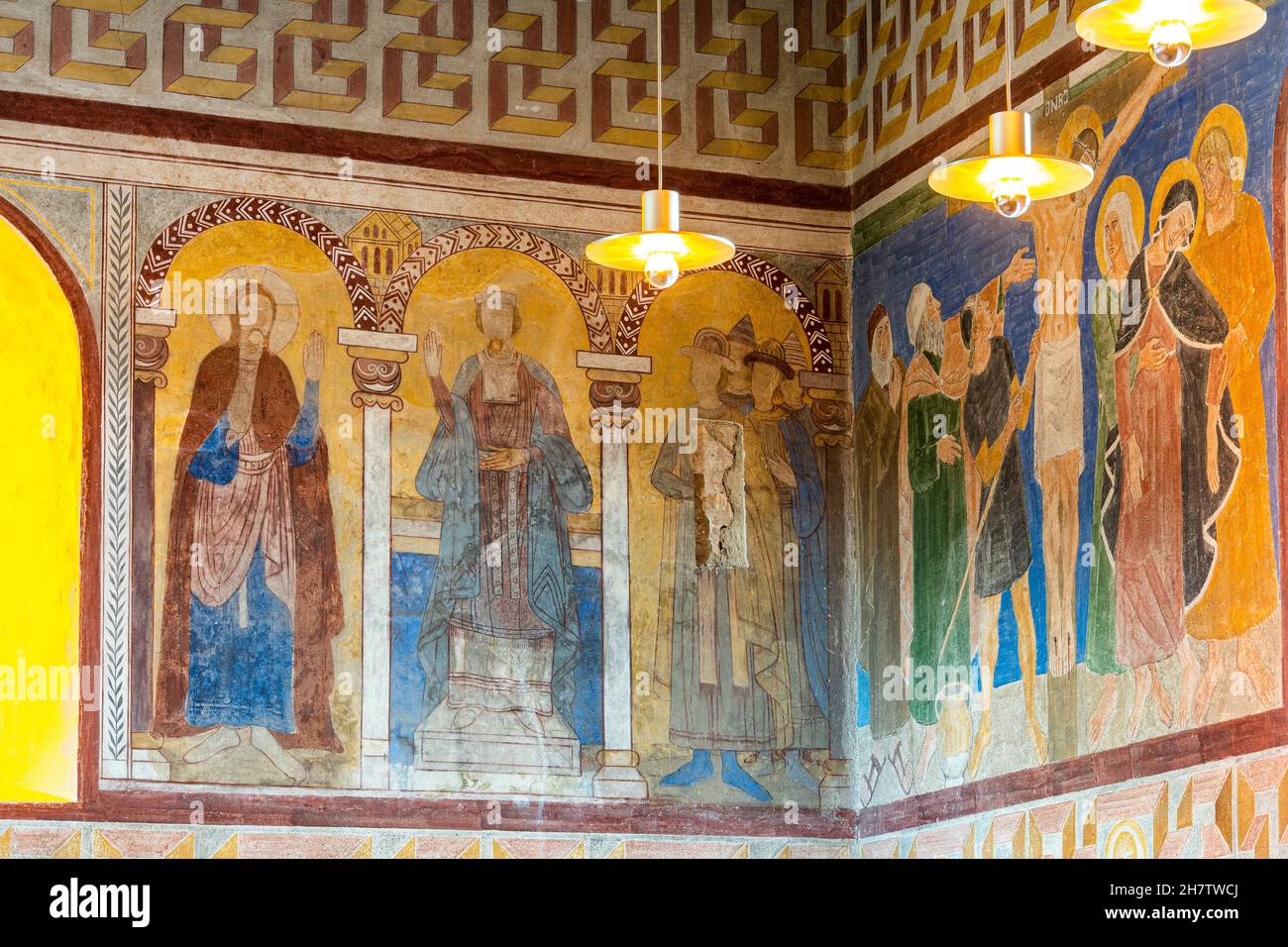 Detail des Freskenzyklus in der Kirche von Jelling. Jelling, Jütland, Dänemark, Europa Stockfoto
