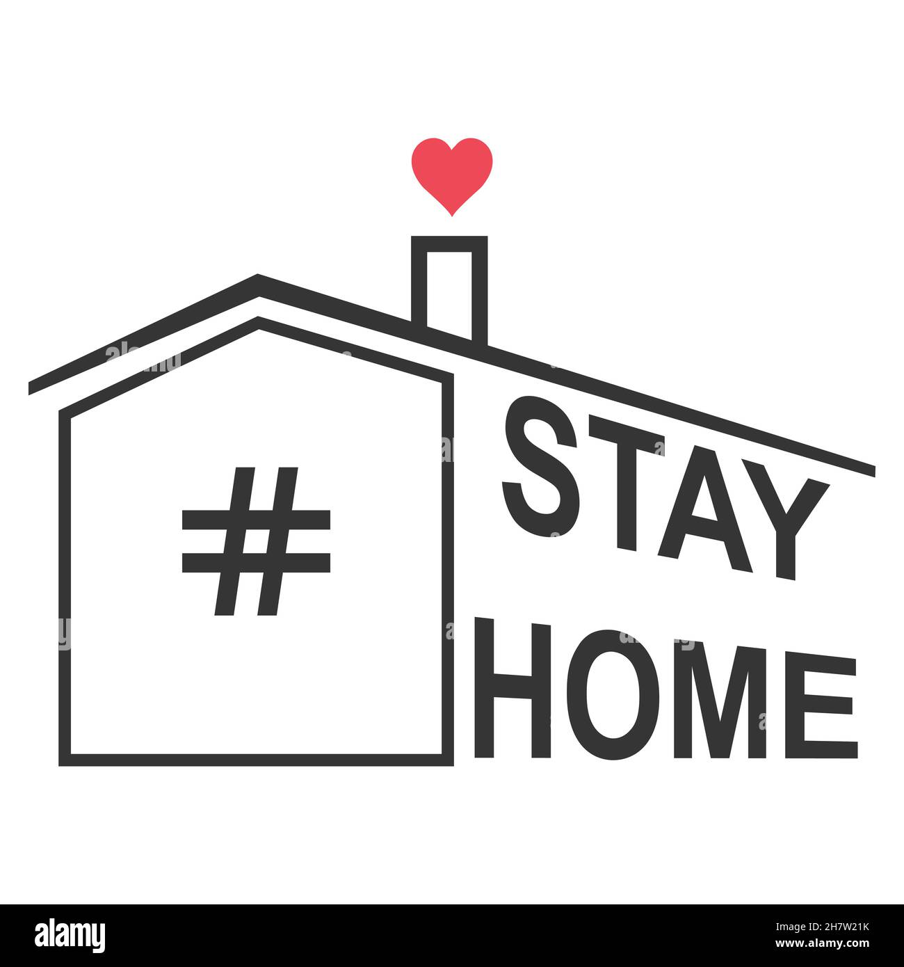 Stay Home Text unter dem Dach Haus Herz über dem Dach. COVID 19 oder Coronavirus-Kampagnenlogo. Selbstisolierung Zeichen Virenschutzkonzept Stock Vektor